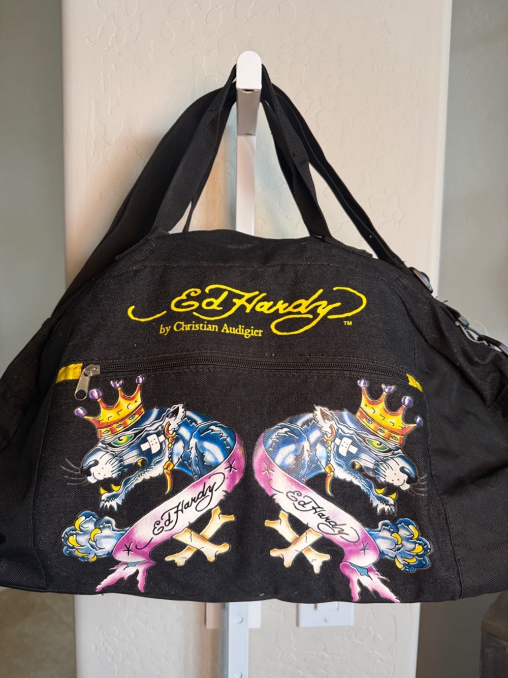 Ed Hardy by Christian Audigier panther Bowling Jean canvas black duffle bag